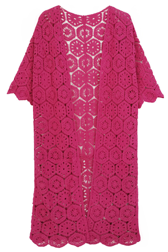 Women's Geometric Pattern Crochet Long Solid Cardigan in Berry