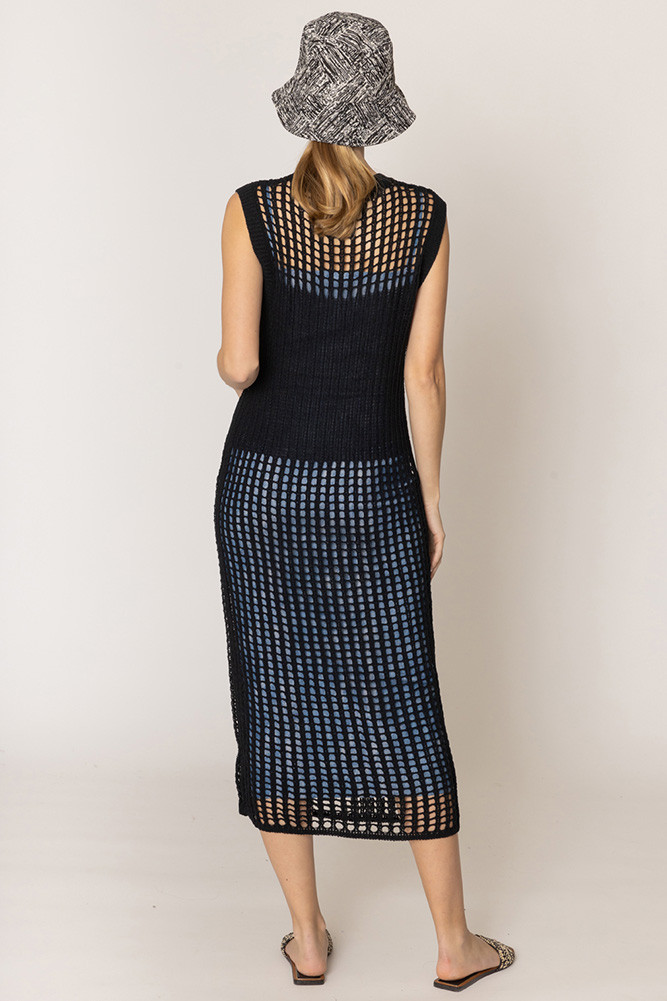 Women's Chest Blocked Crochet Long Solid Dress in Black