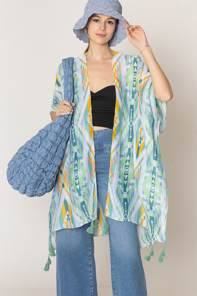 Women's Aztec Pattern Print Tassel Kimono in Green
