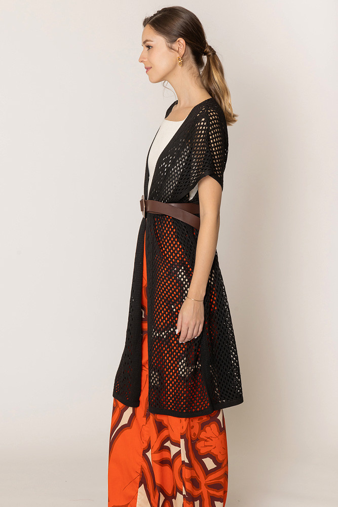 Women's Mesh Solid Kimono in Black