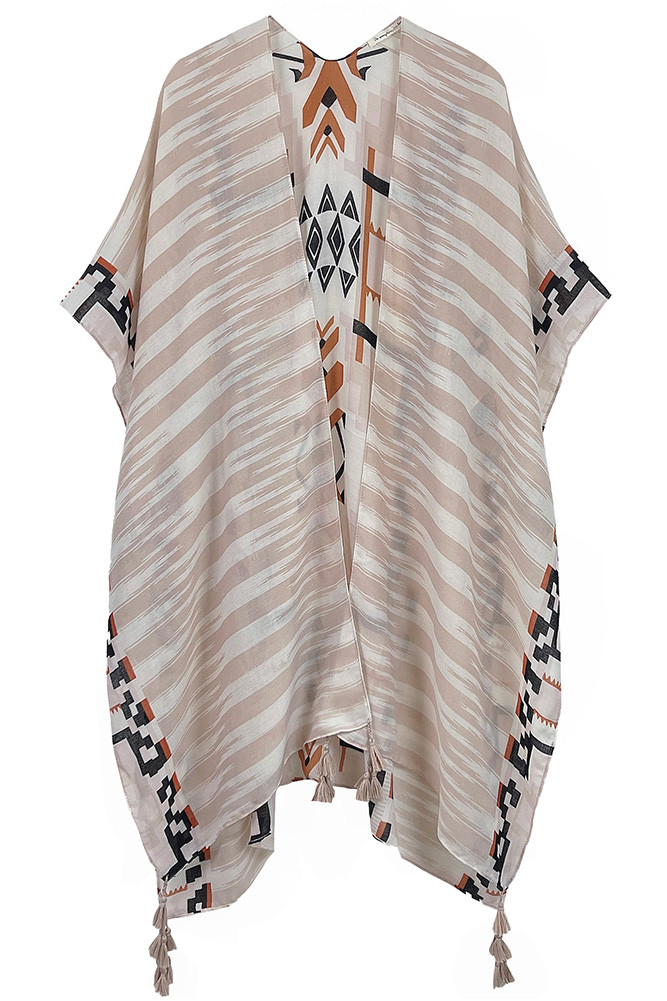 Women's Aztec Pattern Print Tassel Kimono in Beige