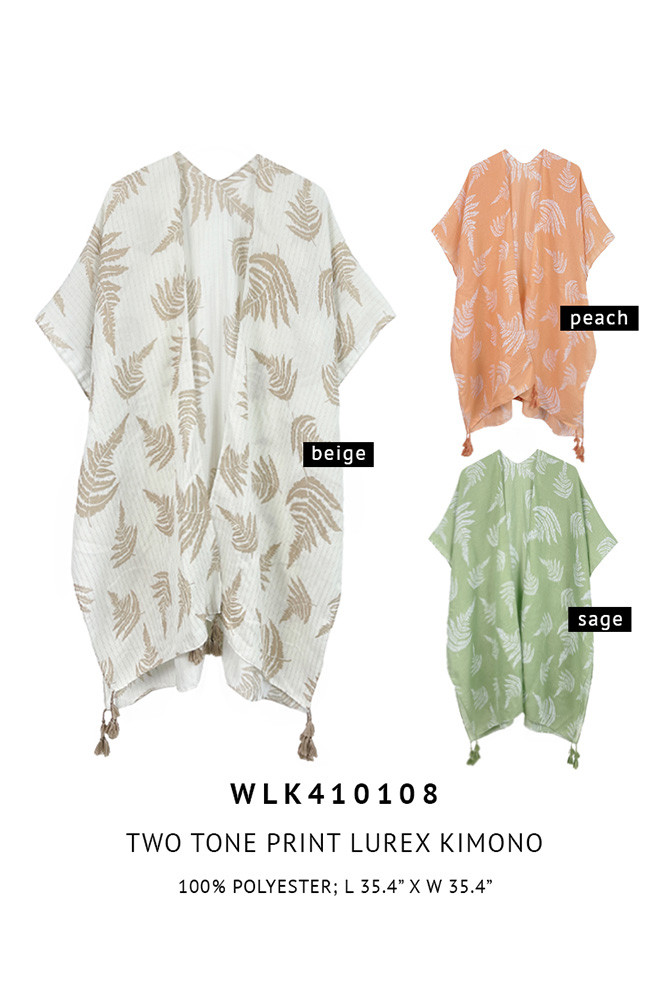 Women's Leaf Print Two-Tone Lurex Tassel Kimono — kimono photo 2