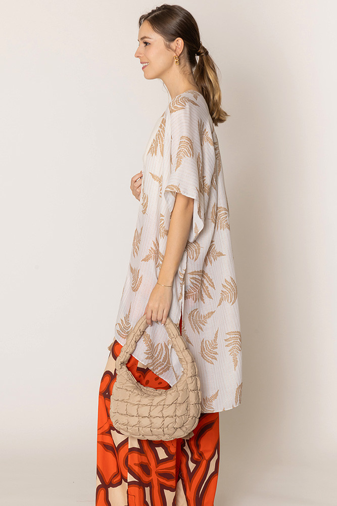 Women's Leaf Print Two-Tone Lurex Tassel Kimono in Beige