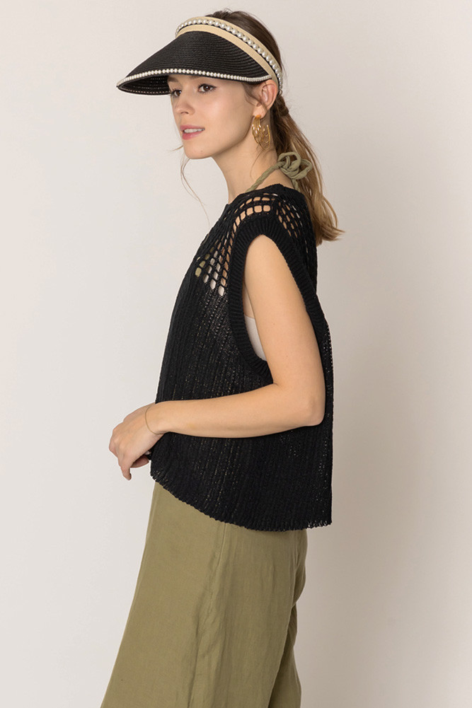 Women's Chest Blocked Crochet Poncho in Black