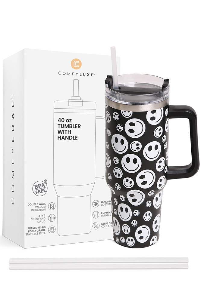 Happy Face 40 oz Tumbler with Handle in Black