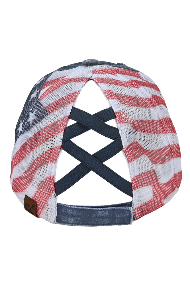 Women's American Flag Mesh Back Trucker Hat Ponytail Cap in Navy