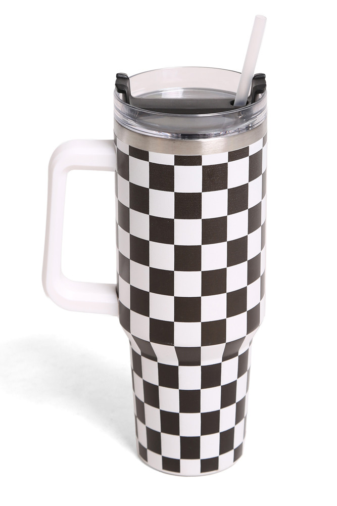 Checkered 40 oz Tumbler with Handle in Black