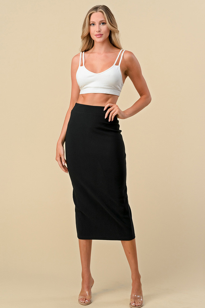Women's Solid Scuba Back Slit Midi Skirt in Black