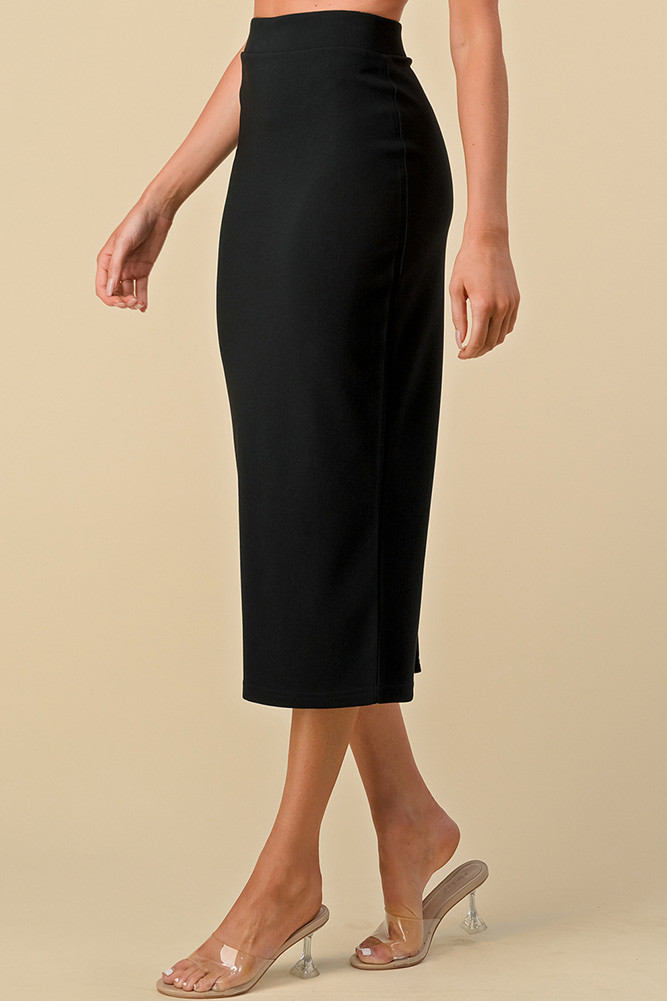 Women's Solid Scuba Back Slit Midi Skirt in Black