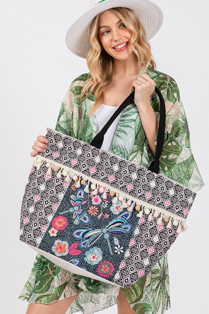 Women's Boho and Dragonfly Print Tassel Summer Tote Bag by BURACQ