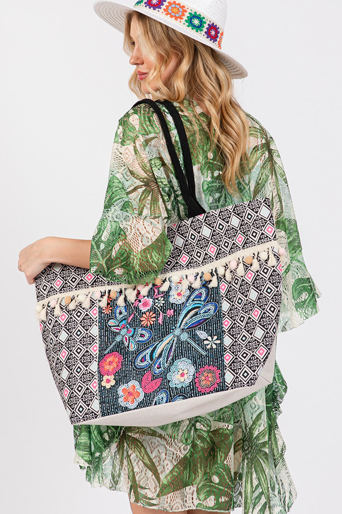 Women's Boho and Dragonfly Print Tassel Summer Tote Bag — tote bag photo 3