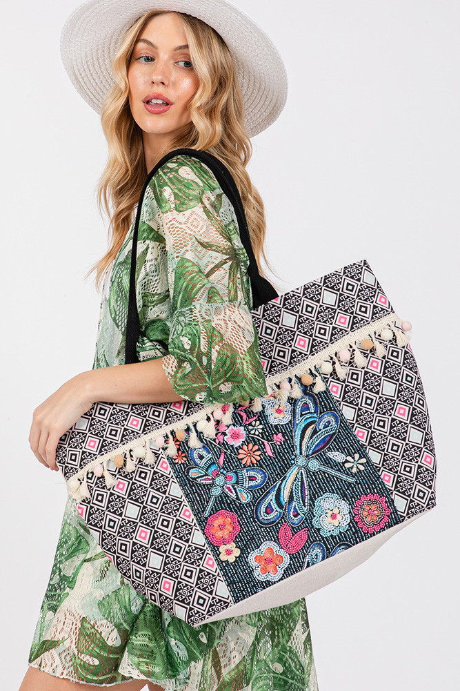 Women's Boho and Dragonfly Print Tassel Summer Tote Bag — tote bag photo 5
