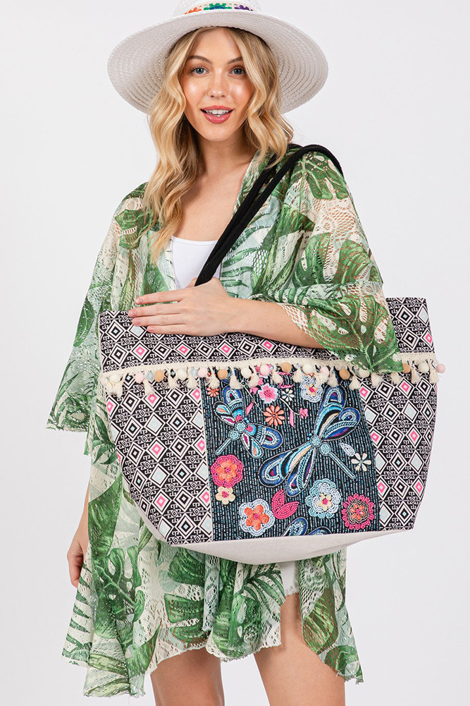 Women's Boho and Dragonfly Print Tassel Summer Tote Bag — tote bag photo 6