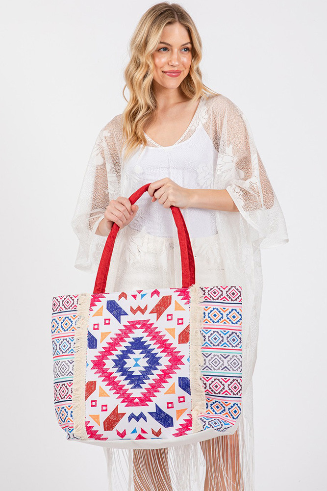 Women's Boho Pattern Print Fringe Summer Tote Bag — tote bag photo 4