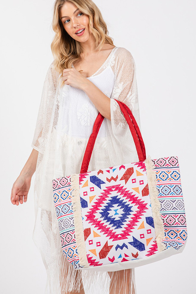 Women's Boho Pattern Print Fringe Summer Tote Bag — tote bag photo 5