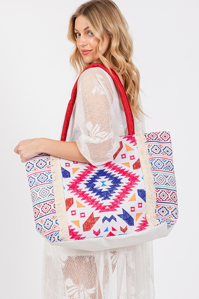 Women's Boho Pattern Print Fringe Summer Tote Bag — tote bag photo 7