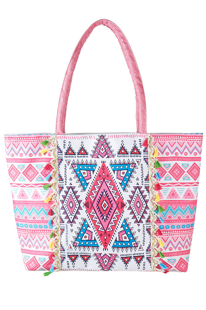 Women's Boho Pattern Print Color Tassels Summer Tote Bag — tote bag photo 2