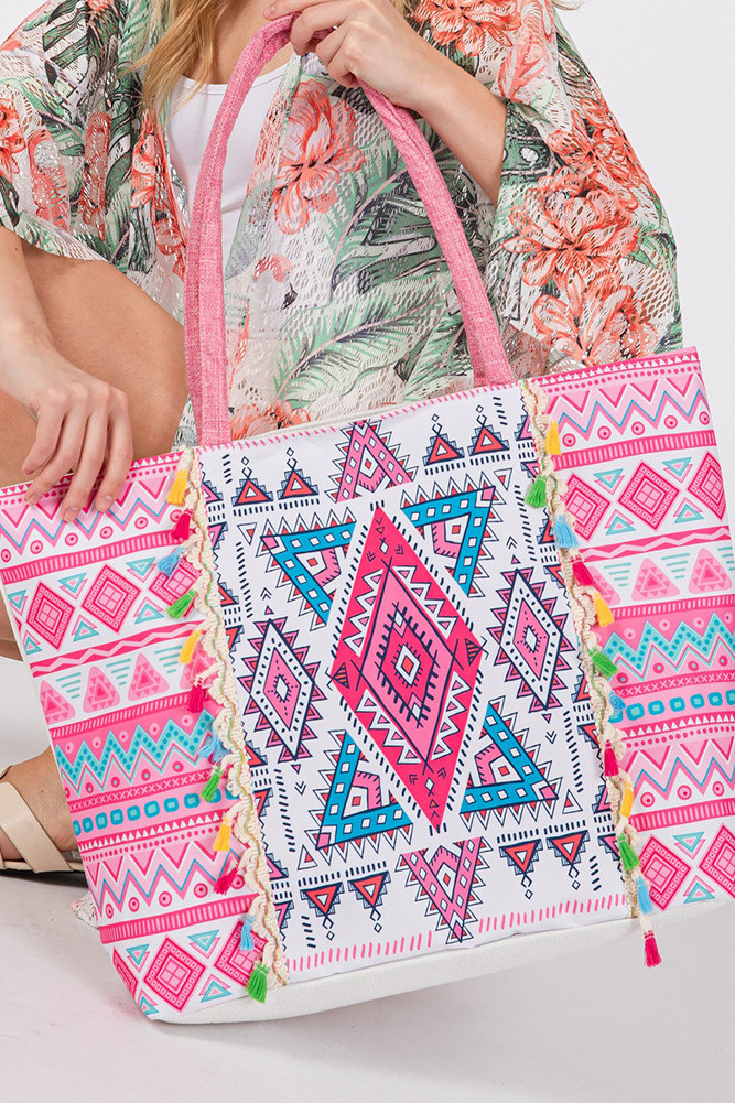Women's Boho Pattern Print Color Tassels Summer Tote Bag — tote bag photo 6