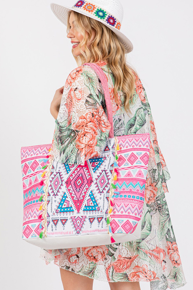 Women's Boho Pattern Print Color Tassels Summer Tote Bag — tote bag photo 7