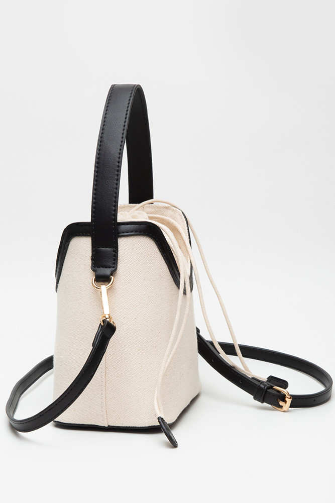 Women's Drawstring Satchel Canvas Crossbody Bucket Bag in Black