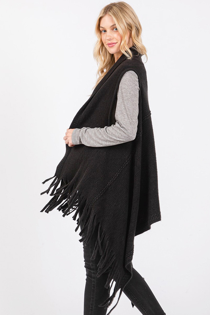 Women's Embossed Dotted Line Tassel Knit Winter Vest in Black