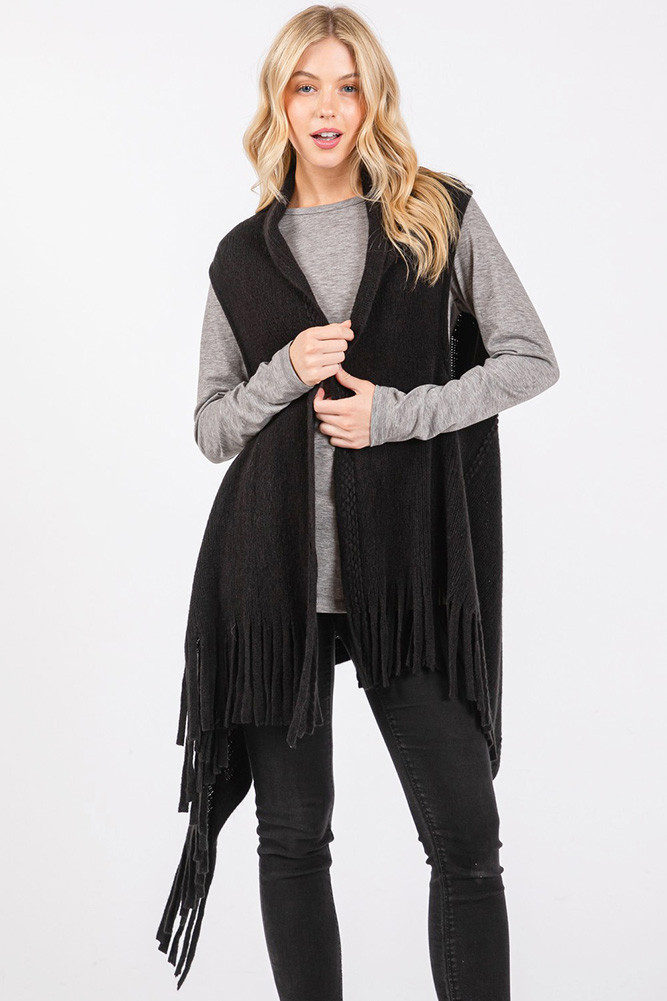 Women's Embossed Dotted Line Tassel Knit Winter Vest in Black
