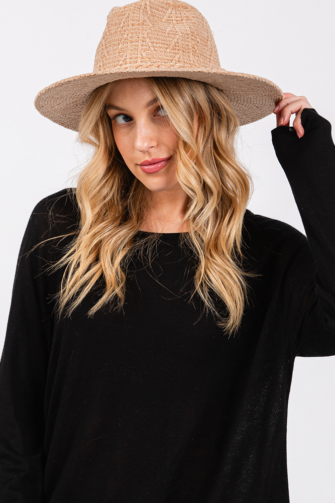 Women's Chenille Pattern Winter Fedora with Braided Band in Beige