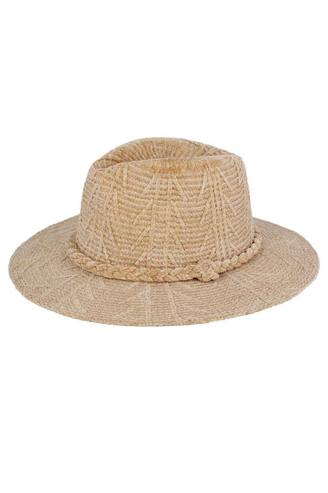 Women's Chenille Pattern Winter Fedora with Braided Band in Beige