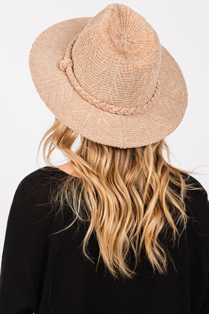 Women's Chenille Pattern Winter Fedora with Braided Band in Beige