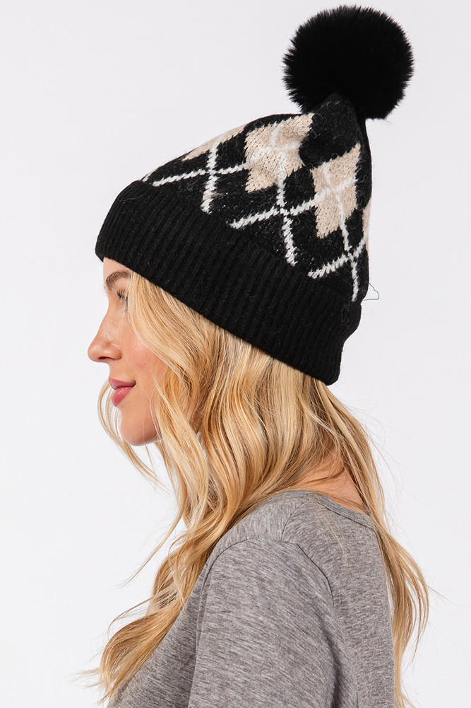 Women's Wool Blended Argyle Fleece Pom Pom Beanie in Black