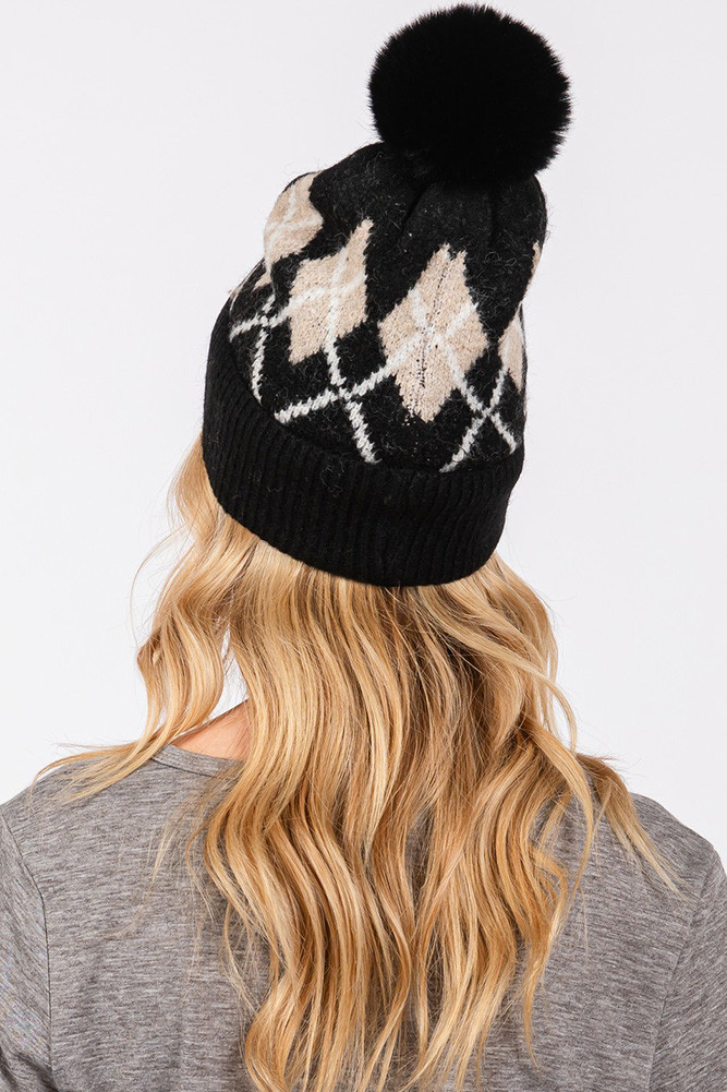 Women's Wool Blended Argyle Fleece Pom Pom Beanie in Black