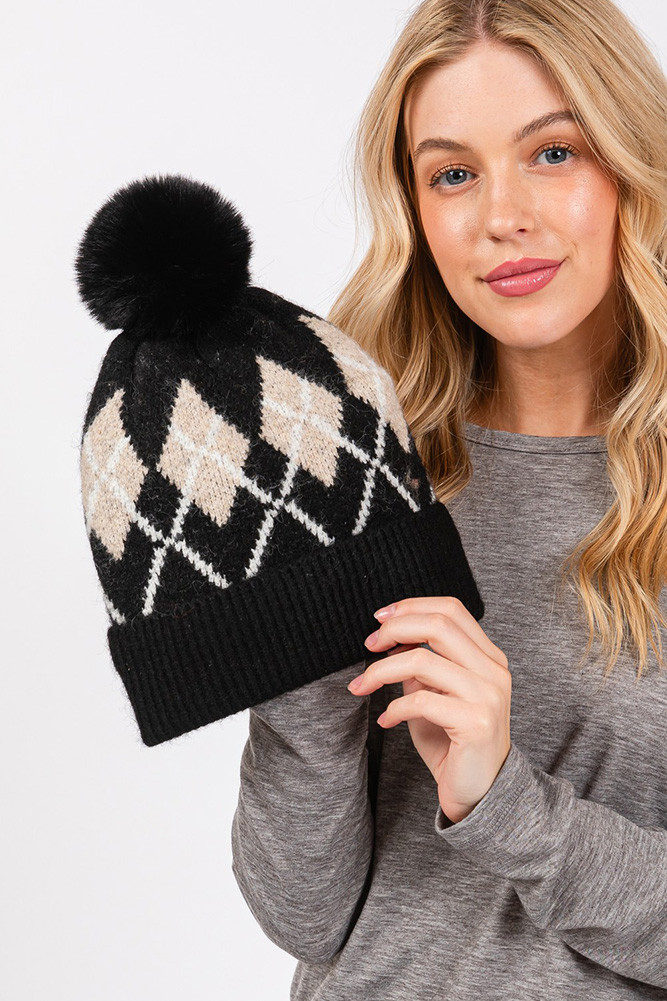 Women's Wool Blended Argyle Fleece Pom Pom Beanie in Black