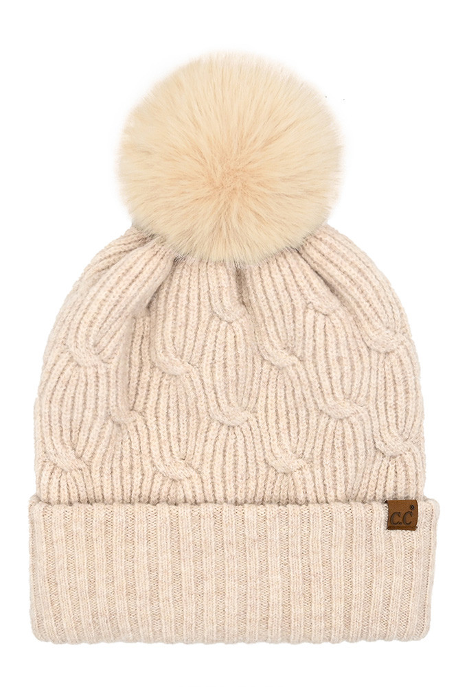 Women's Chain Link Knitted Pom Beanie Winter Hat in Beige