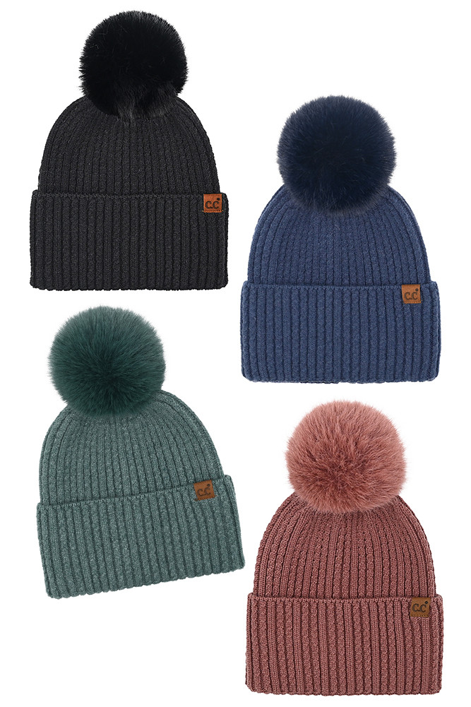 Women's Cable Cuff Pom Beanie Winter Hat by BURACQ