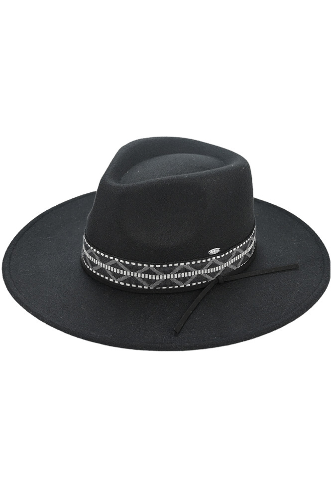 Women's Geometric Trim Band Vegan Felt Panama Hat in Black
