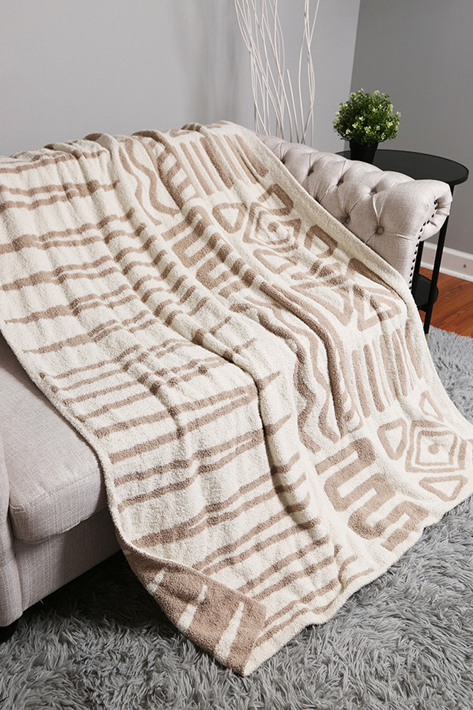 Geo-Trib Pattern Reversible Throw Winter Blanket for Couch and Bed in Beige