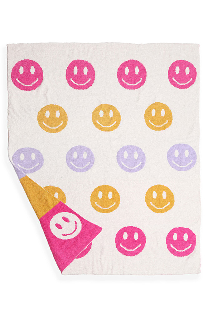 Multicolor Happy Face Reversible Throw Blanket for Couch and Bed in Fuchsia
