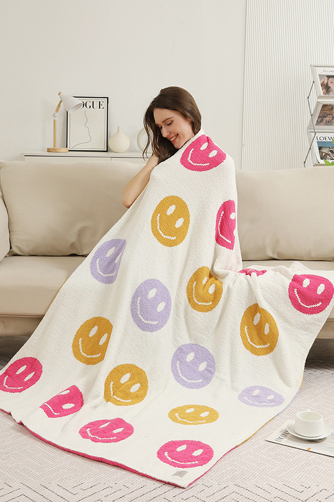 Multicolor Happy Face Reversible Throw Blanket for Couch and Bed in Fuchsia