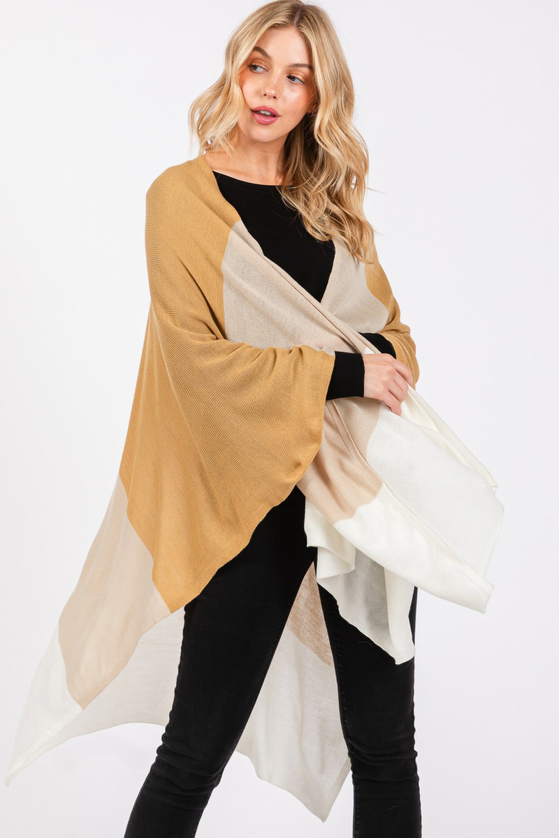 Women's Three Tones Color Blocks Ruana Winter Cardigan in Beige