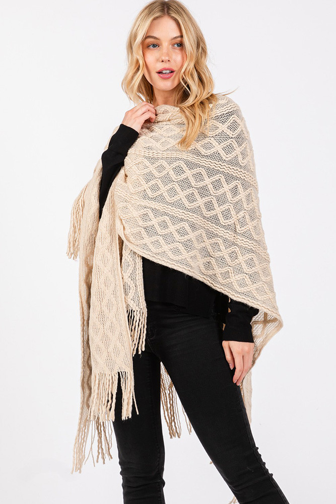 Women's Diamond Pattern Tassel Knit Ruana Winter Cardigan in Beige