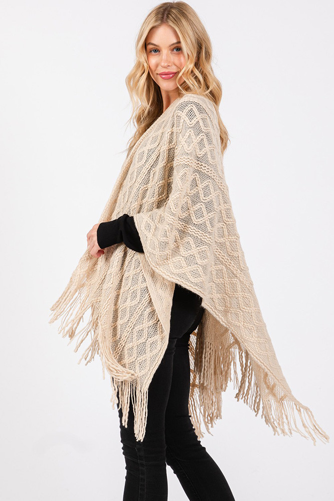 Women's Diamond Pattern Tassel Knit Ruana Winter Cardigan in Beige