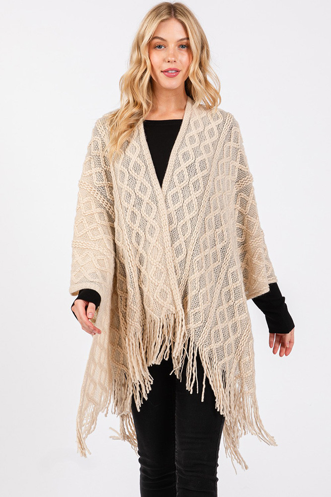 Women's Diamond Pattern Tassel Knit Ruana Winter Cardigan in Beige