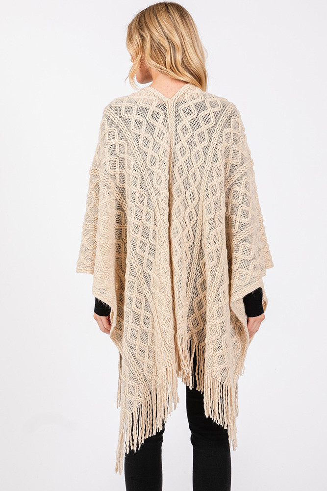 Women's Diamond Pattern Tassel Knit Ruana Winter Cardigan in Beige