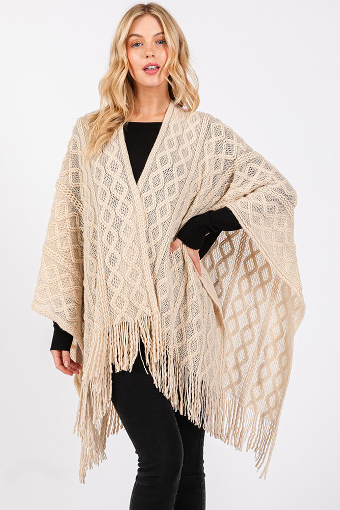 Women's Diamond Pattern Tassel Knit Ruana Winter Cardigan in Beige