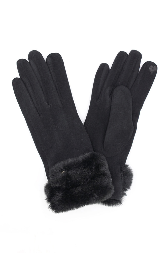 Women's Double Faux Fur Cuff Smart Touch Winter Gloves in Black