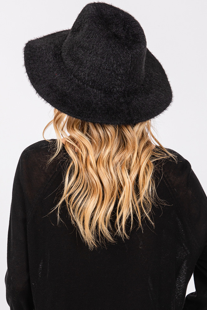 Women's Fuzzy Palin Solid Winter Fedora Hat in Black
