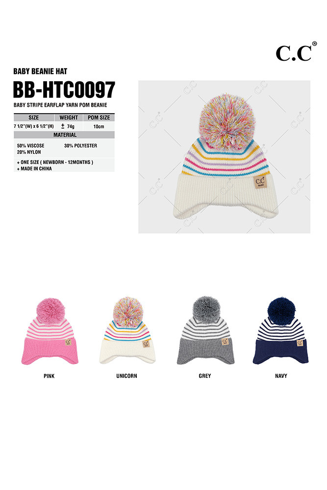 Baby Stripe Earflap Yarn Pom Beanie Winter Hat — beanie photo 2