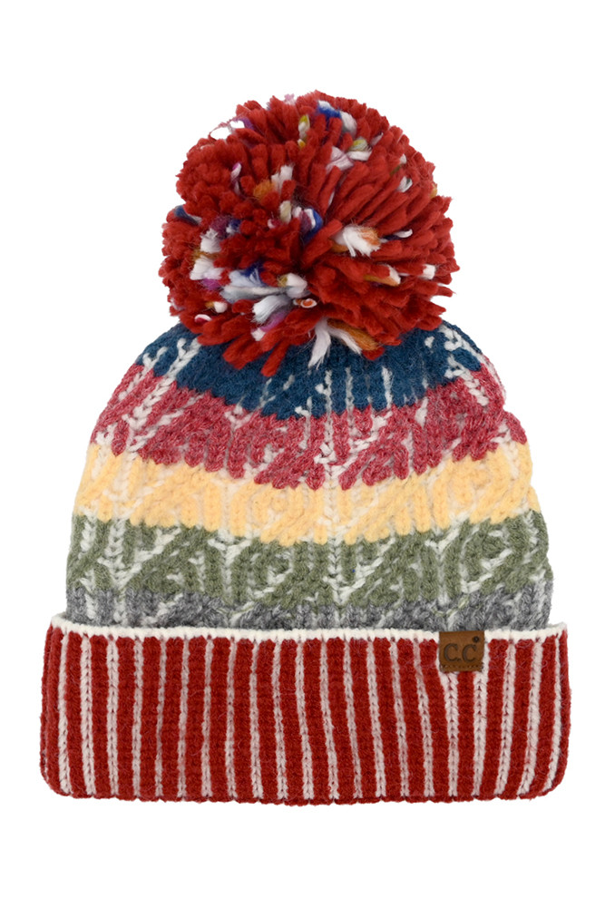 Women's Cable Multi Color Block Yarn Pom Beanie in Brick
