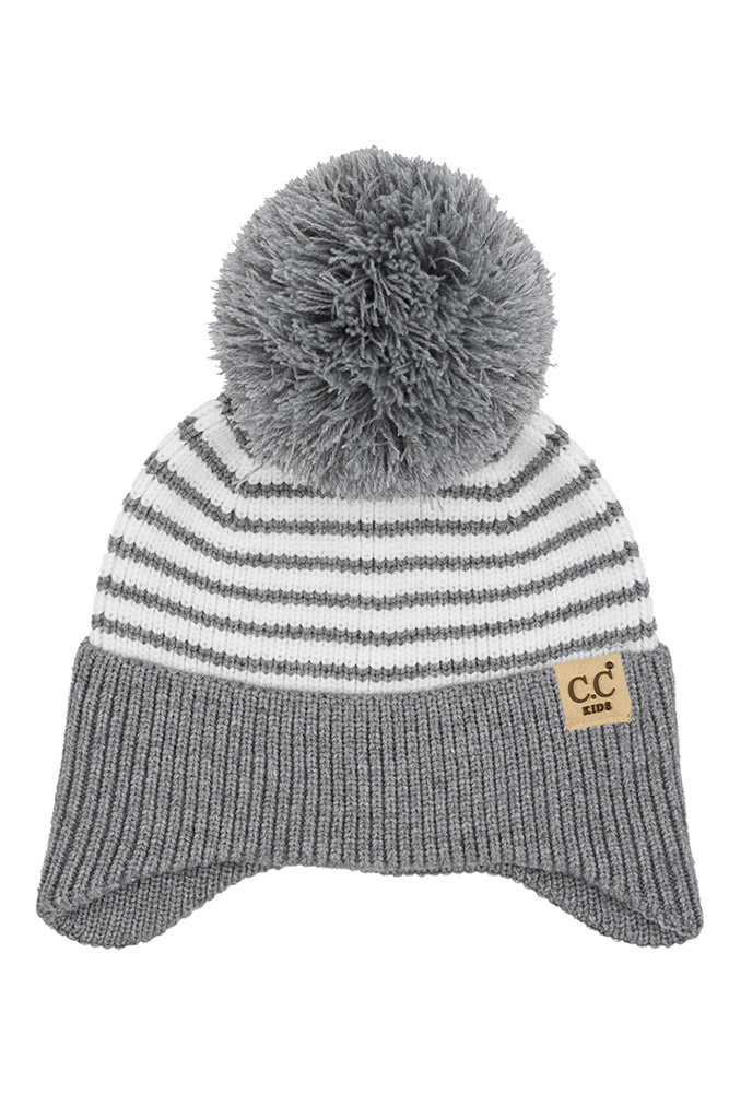 Kids Stripe Earflap Yarn Pom Beanie Winter Hat — beanie photo 2
