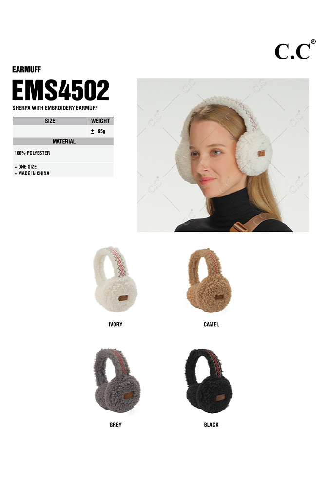 Women's Sherpa with Embroidery Pattern Trim Earmuff — earmuffs photo 2